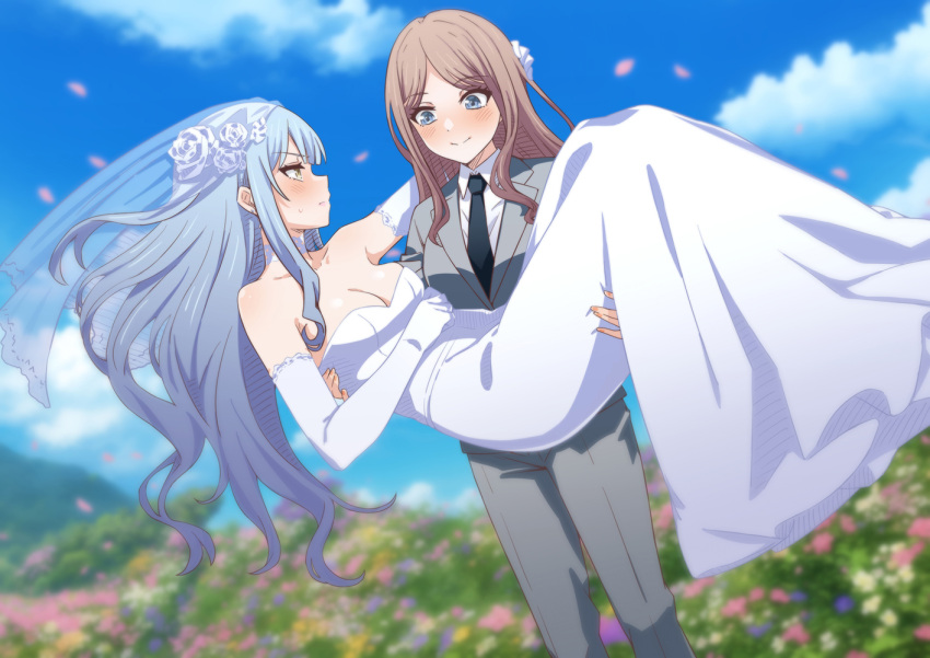 2girls bang_dream! bang_dream!_it's_mygo!!!!! black_necktie blue_eyes blue_hair blue_sky blurry blurry_background blush breasts bridal_veil brown_hair carrying cleavage closed_mouth collared_shirt day dress elbow_gloves falling_petals flower gloves grey_jacket grey_pants grey_suit hair_flower hair_ornament hand_on_another's_back hand_on_another's_head hand_on_another's_thigh jacket long_hair looking_at_another medium_breasts multiple_girls nagasaki_soyo necktie outdoors pants parted_lips petals princess_carry shirt sky smile strapless strapless_dress suit suit_jacket togawa_sakiko veil wedding_dress white_flower white_gloves white_shirt wife_and_wife yghm yuri
