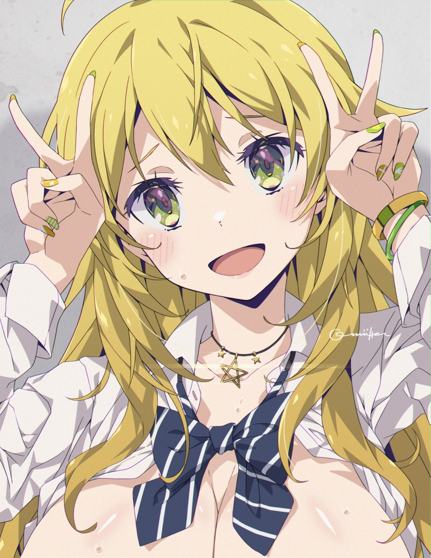 1girl :d blue_bow blue_bowtie bow bowtie breasts fingernails green_eyes grey_background hands_up highres hoshii_miki idolmaster idolmaster_(classic) jewelry large_breasts long_fingernails long_hair necklace oomura_karasu open_clothes out-of-frame_censoring shirt simple_background smile star_(symbol) star_necklace upper_body white_shirt