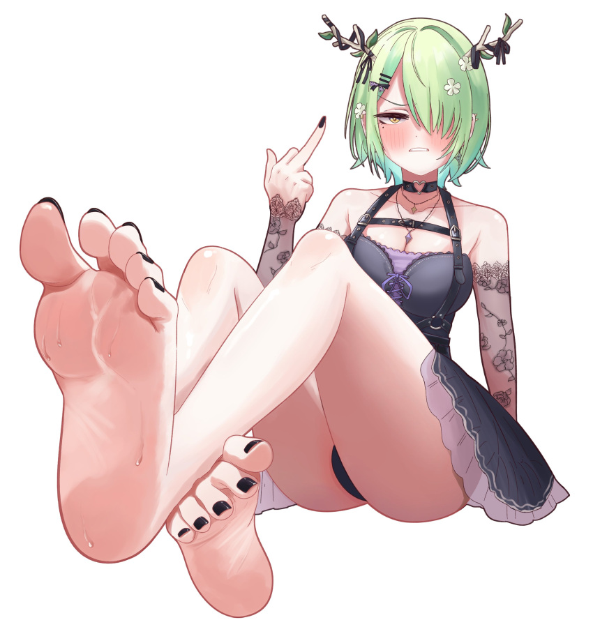 1girl absurdres antlers arm_warmers bare_shoulders barefoot black_dress black_nails breasts ceres_fauna ceres_fauna_(goth) choker cleavage dress flower foreshortening green_hair hair_flower hair_ornament hair_over_one_eye hairclip heart heart_choker highres hololive hololive_english horns jewelry looking_at_viewer middle_finger mole mole_under_eye nail_polish necklace official_alternate_costume official_alternate_hairstyle panties pantyshot sero4308 short_hair simple_background soles solo sweat toenail_polish toenails toes underwear virtual_youtuber white_background yellow_eyes
