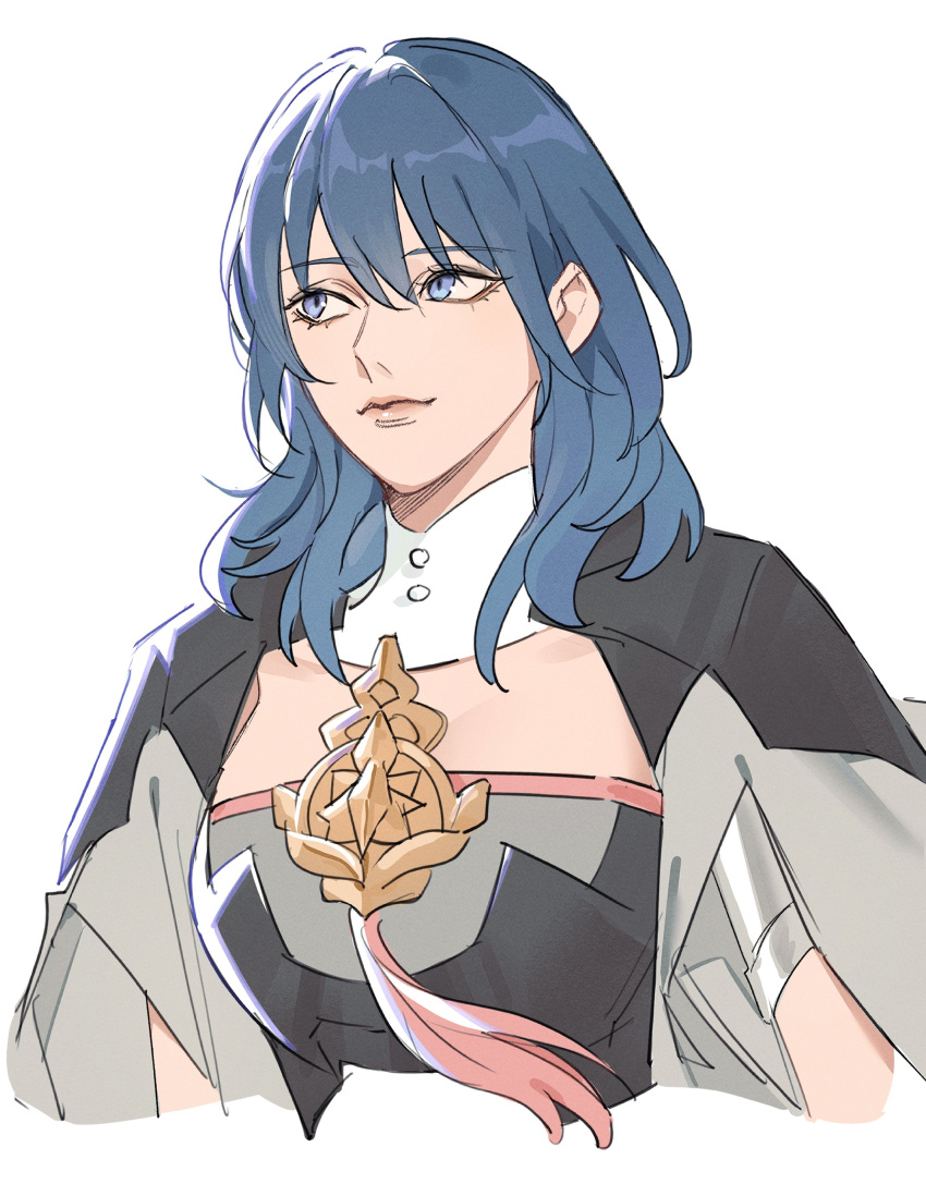 1girl absurdres armor black_armor blue_eyes blue_hair byleth_(female)_(fire_emblem) byleth_(fire_emblem) closed_mouth commentary_request cropped_torso fire_emblem fire_emblem:_three_houses hair_between_eyes highres lips long_hair pink_lips simple_background smile solo toho10min white_background