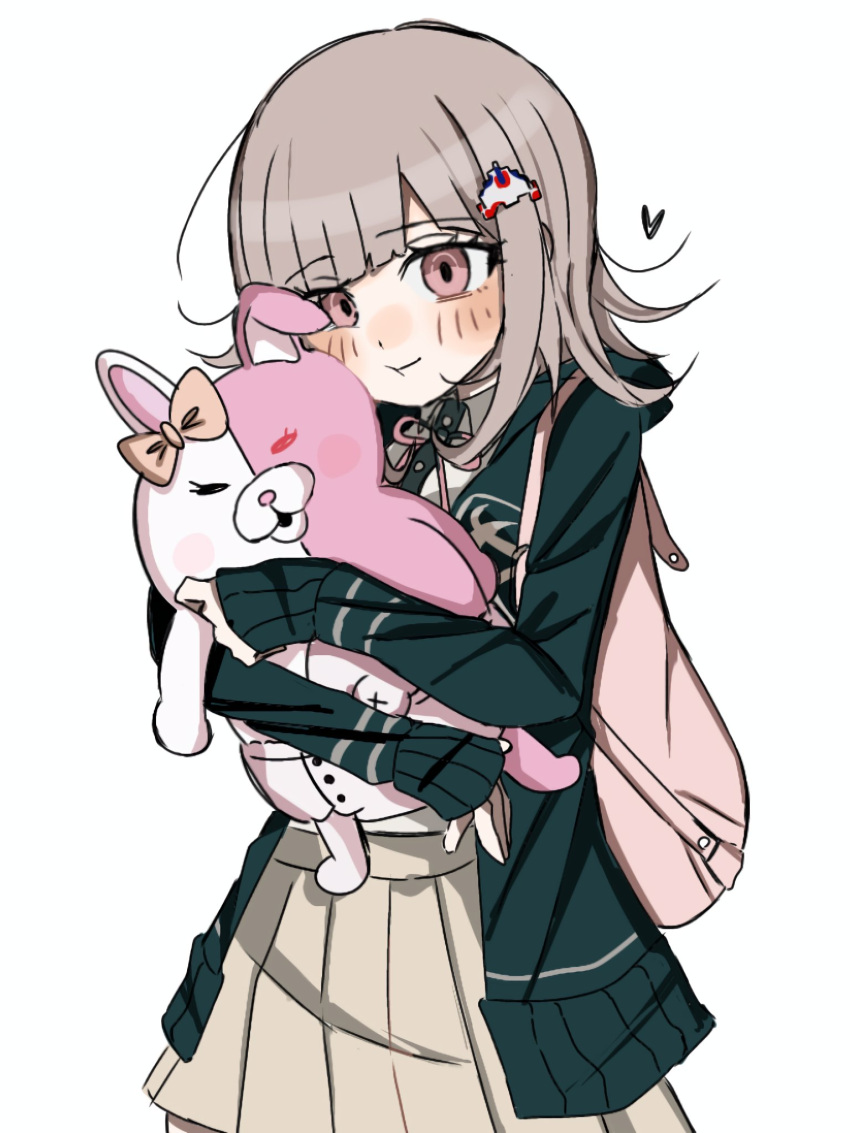 1girl bao_tai black_jacket blush blush_stickers bow brown_hair brown_skirt collared_shirt danganronpa_(series) danganronpa_2:_goodbye_despair ear_bow green_jacket heart heterochromia highres hood hood_down jacket medium_hair miniskirt monomi_(danganronpa) nanami_chiaki neck_ribbon open_clothes open_jacket pink_eyes pink_ribbon pleated_skirt ribbon shirt skirt spaceship_hair_ornament white_shirt