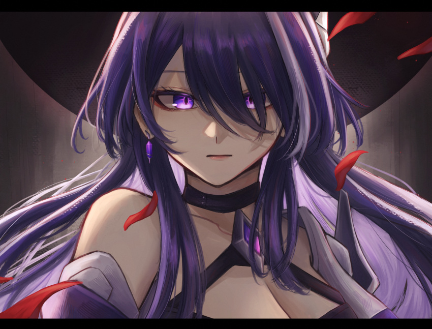 1girl acheron_(honkai:_star_rail) asymmetrical_bangs black_border black_choker border breasts choker cleavage closed_mouth collarbone commentary_request earrings expressionless eyebrows_hidden_by_hair grey_background hair_over_one_eye halterneck highres honkai:_star_rail honkai_(series) jewelry letterboxed lips long_hair looking_at_viewer nose partial_commentary petals portrait purple_eyes purple_hair red_background single_bare_shoulder solo toba_(ymtb_06) very_long_hair