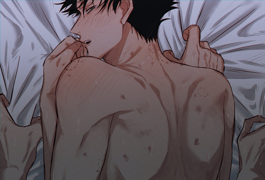 2boys back bed bed_sheet bite_mark bite_mark_on_back bite_mark_on_neck bite_mark_on_shoulder black_hair blush commentary_request completely_nude from_behind full-face_blush fushiguro_megumi fushirun_rung green_eyes hickey highres implied_sex jujutsu_kaisen korean_commentary looking_at_viewer looking_back male_focus multiple_boys nude open_mouth sex sex_from_behind sheet_grab short_hair shoulder_blades solo_focus spiked_hair yaoi