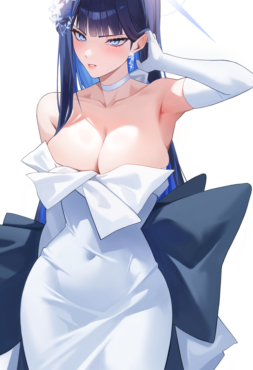 1girl absurdres armpits black_hair blue_archive blue_eyes blue_halo blush breasts choker cleavage collarbone ddog dress earrings elbow_gloves gloves hair_ornament halo highres jewelry large_breasts long_hair looking_at_viewer official_alternate_costume open_mouth saori_(blue_archive) saori_(dress)_(blue_archive) simple_background solo strapless strapless_dress white_background white_choker white_dress white_gloves