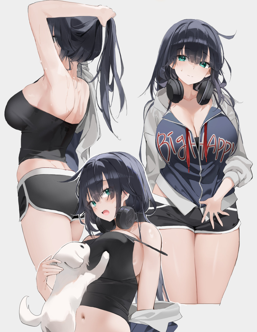 1girl absurdres adjusting_hair arm_up back bare_shoulders black_camisole black_hair black_shorts blue_jacket blush breasts camisole choyeon cleavage closed_mouth commentary_request dog dolphin_shorts from_side green_eyes grey_jacket headphones headphones_around_neck highres jacket large_breasts long_hair long_sleeves looking_at_viewer midriff mixed-language_commentary multicolored_clothes multicolored_jacket multiple_views navel original ponytail puffy_long_sleeves puffy_sleeves shorts simple_background sleeves_rolled_up wet white_background