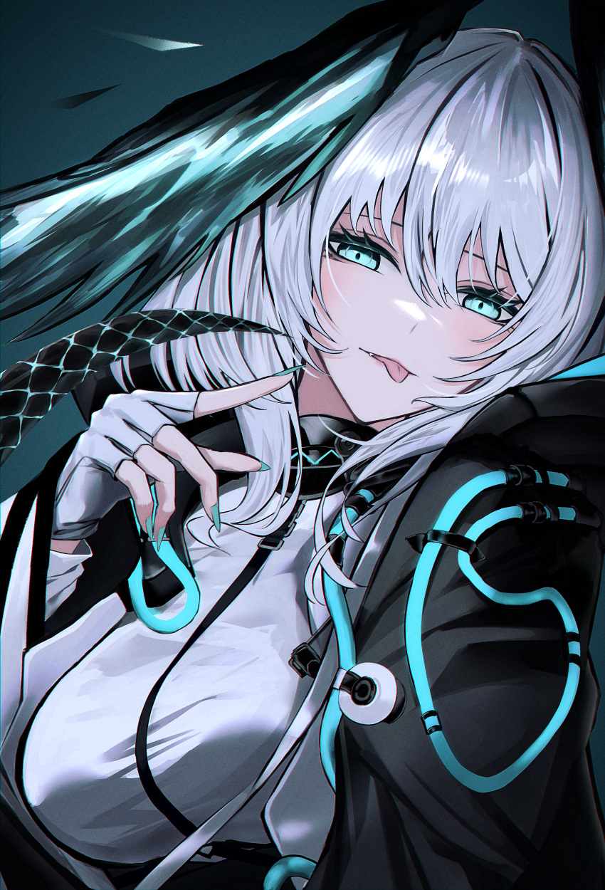 :p absurdres aqua_eyes aqua_nails aqua_wings arknights black_coat breasts coat dress feathered_wings fingerless_gloves gloves hair_between_eyes head_wings highres ho'olheyak_(arknights) hood hooded_coat infection_monitor_(arknights) looking_at_viewer medium_hair mo_komo_momo nail_polish scales sidelocks simple_background snake_tail tail tongue tongue_out upper_body white_dress white_gloves white_hair wings
