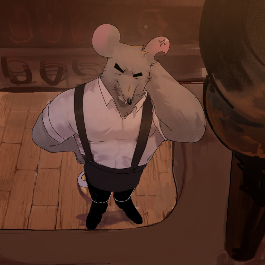 2024 anthro apron biped black_nose bottomwear cheesemaster_(cookie_run) clothing cookie_run detailed_background eyes_closed grey_body hi_res makfuno male mammal murid murine pants rat rodent shirt solo topwear