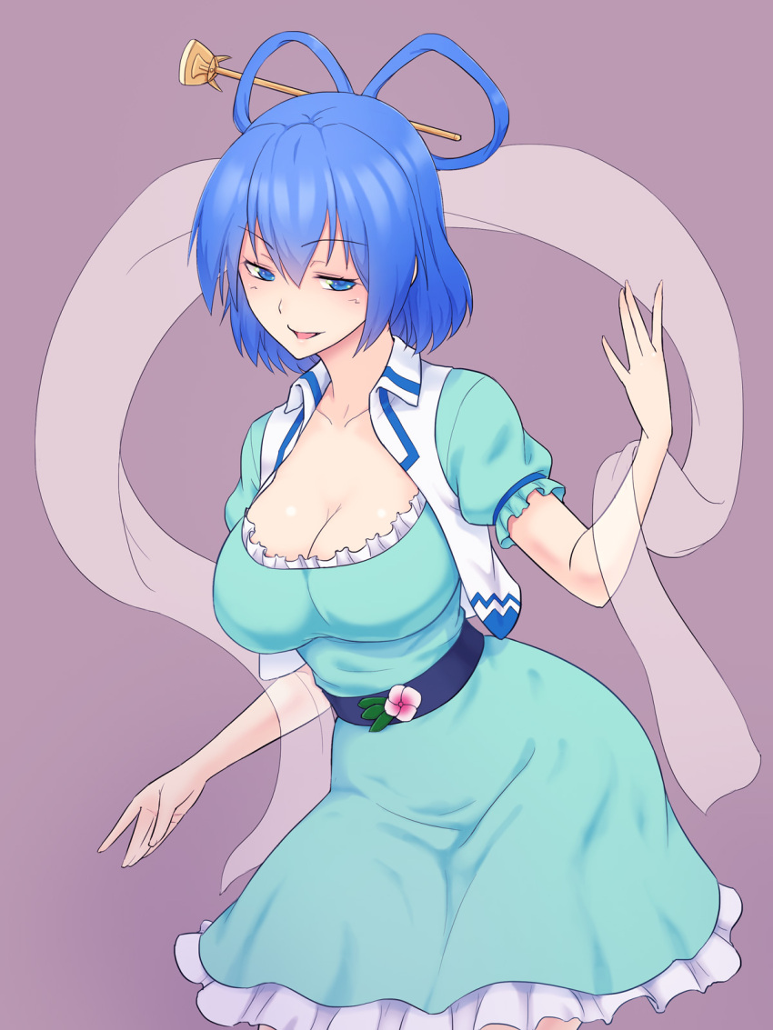 1girl blue_dress blue_eyes blue_hair breasts chisel cleavage collarbone commentary_request dress grey_background hair_ornament hair_rings hair_stick highres kakone kaku_seiga large_breasts looking_at_viewer open_mouth shawl short_sleeves simple_background solo touhou vest white_vest