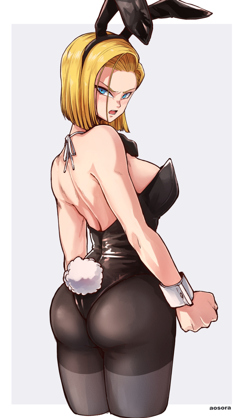 1girl alternate_costume android_18 animal_ear_hairband animal_ears aosora2823 artist_name ass black_leotard black_pantyhose blonde_hair blunt_ends clenched_hand cropped_legs dragon_ball dragon_ball_z fake_animal_ears fake_tail forehead hairband highres leotard looking_at_viewer looking_back median_furrow pantyhose playboy_bunny rabbit_ear_hairband rabbit_ears rabbit_tail short_hair simple_background solo strapless strapless_leotard tail two-tone_background