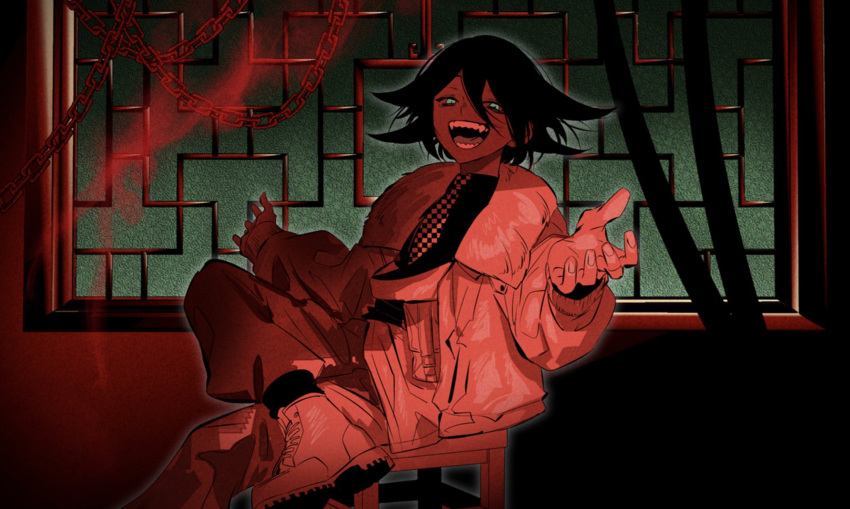 1boy alternate_costume alternate_eye_color aura chain checkered_clothes checkered_necktie commentary_request crossed_legs danganronpa_(series) danganronpa_v3:_killing_harmony fur-trimmed_jacket fur_trim glowing glowing_eyes hair_between_eyes highres jacket long_sleeves looking_at_viewer male_focus necktie oma_kokichi on_chair open_clothes open_jacket open_mouth red_theme san_nohe_(mito) shanti_(vocaloid) sitting smile solo teeth