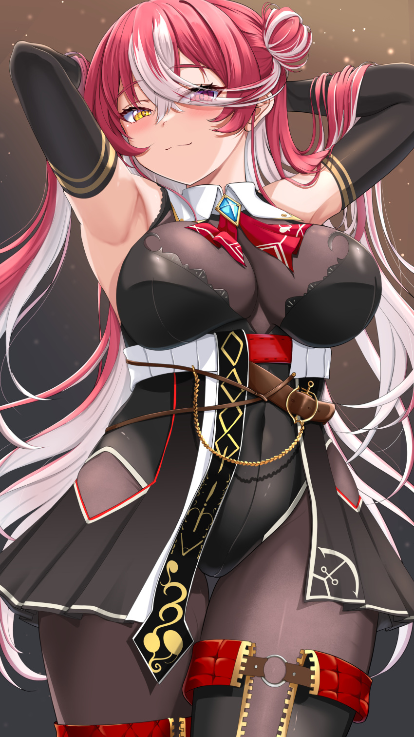 1girl absurdres armpits arms_behind_head arms_up black_footwear black_gloves black_leotard blush boots breasts cleavage elbow_gloves gloves hachi7515 hair_bun heterochromia highres hololive houshou_marine houshou_marine_(marching_band) lace-trimmed_leotard lace_trim large_breasts leotard long_hair looking_at_viewer multicolored_hair official_alternate_costume pink_hair red_eyes red_hair single_hair_bun smile solo strapless strapless_leotard streaked_hair thigh_boots virtual_youtuber yellow_eyes