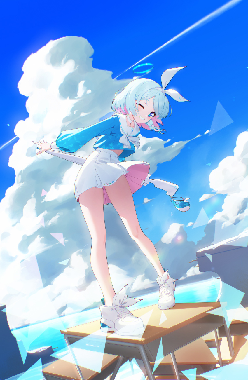 1girl absurdres arona_(blue_archive) bare_legs blue_archive blue_eyes blue_hair blue_halo blush braid cloud cloudy_sky collarbone colored_inner_hair day desk fingernails full_body grin gun halo highres long_sleeves multicolored_hair one_eye_closed outdoors pink_hair pjman pleated_skirt sailor_collar school_desk shirt shoes short_hair single_braid skirt sky smile solo standing standing_on_desk untucked_shirt weapon white_footwear white_sailor_collar white_skirt white_sneakers