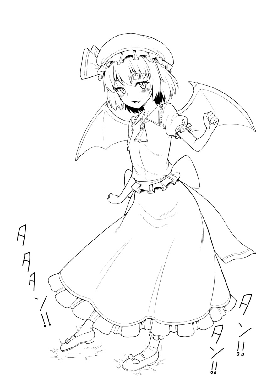 1girl ascot bat_wings bow commentary_request footwear_bow frilled_shirt frilled_skirt frills full_body greyscale hat hat_ribbon highres kakone looking_at_viewer mob_cap monochrome open_mouth remilia_scarlet ribbon shirt shoes short_hair short_sleeves skirt slit_pupils solo touhou wings
