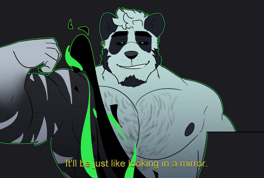 2021 absurd_res anthro barazoku bear black_background black_body black_fur black_nipples black_sclera body_hair bust_portrait chest_hair english_text fake_screencap fur giant_panda green_eyes green_outline grin hi_res looking_at_viewer male mammal melaisen nipples outline pecs portrait simple_background smile solo subtitled text transformation white_body white_fur