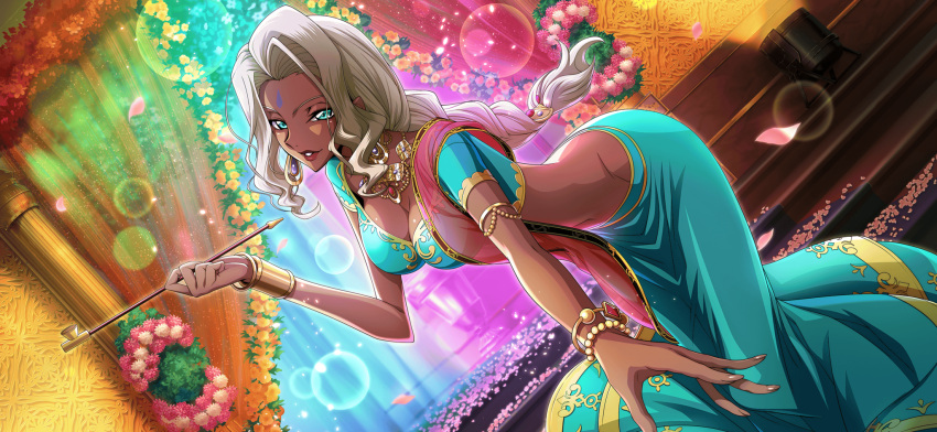 1girl arabian_clothes armlet artist_request bangle blonde_hair blue_eyes blue_gemstone blue_shirt blue_skirt blurry bokeh bracelet bracer braid breasts cleavage code_geass code_geass:_lost_stories crop_top curtains dark-skinned_female dark_skin depth_of_field earrings facial_mark flower forehead forehead_mark game_cg gem gold gold_trim groin half-closed_eyes hand_up happy highres holding holding_smoking_pipe jewelry leaning_forward lipstick long_hair long_skirt looking_at_viewer makeup medium_breasts navel necklace non-web_source official_art parted_lips petals pink_flower rakshata_chawla reaching reaching_towards_viewer red_gemstone red_lips red_shawl see-through shawl shirt short_sleeves sidelocks single_braid skirt smile smoking_pipe solo stairs standing stomach teeth v-shaped_eyebrows white_flower yellow_flower