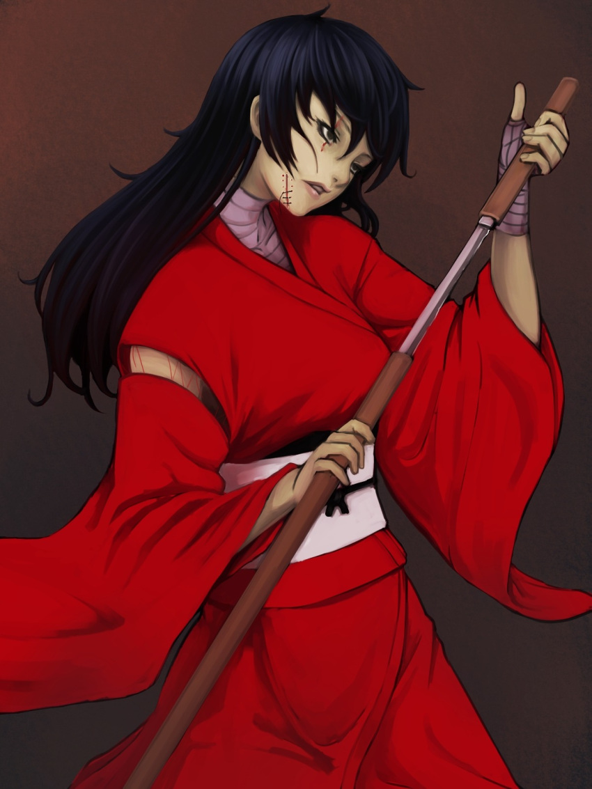 1girl bandaged_hand bandages black_eyes black_hair brown_background commentary_request highres holding japanese_clothes kakone kimono long_hair long_sleeves original red_kimono sash scar scar_across_eye scar_on_face solo wide_sleeves