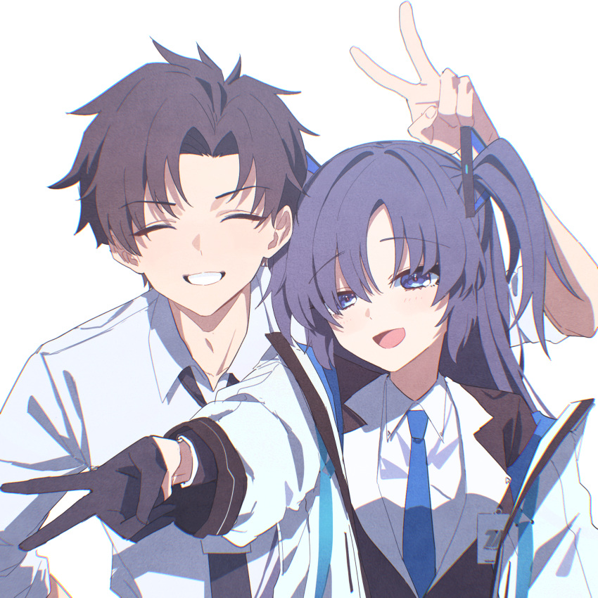 1boy 1girl black_gloves black_hair black_necktie blue_archive blue_eyes blue_necktie blush closed_eyes collared_shirt gloves grin halo highres jacket kamiyama_sumu long_hair long_sleeves mechanical_halo necktie open_mouth purple_hair sensei_(blue_archive) shirt short_hair simple_background smile two-sided_fabric two-sided_jacket two_side_up v white_background white_jacket white_shirt yuuka_(blue_archive)