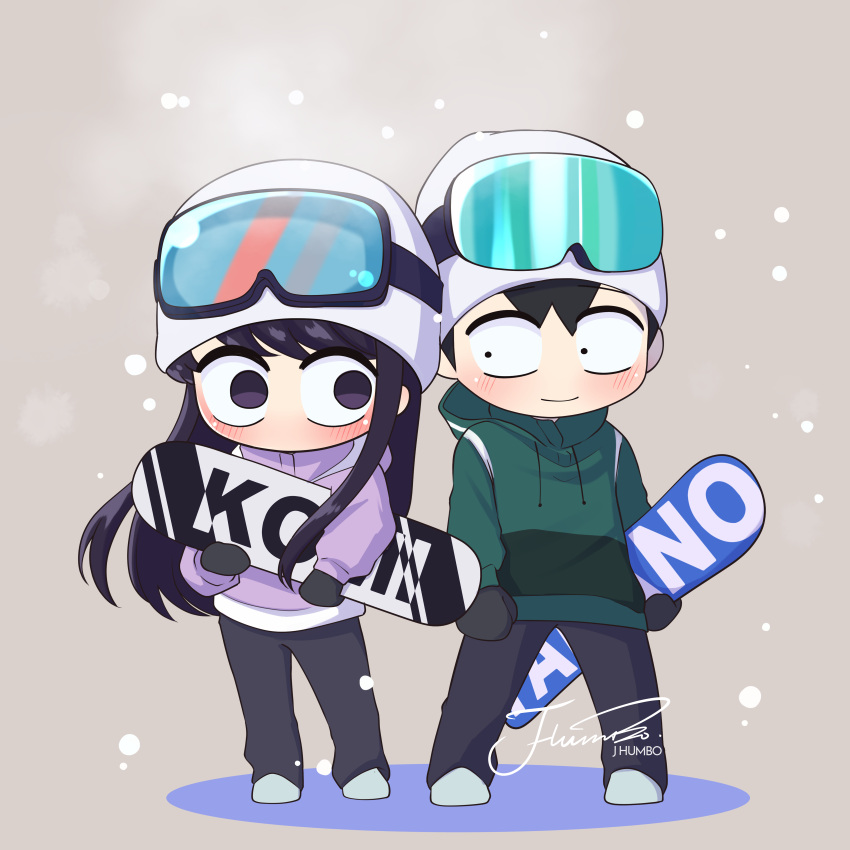 1boy 1girl absurdres artist_name black_gloves black_pants blush character_name chibi commentary drawstring foreshortening full_body gloves goggles green_hoodie grey_background highres holding_snowboard hood hood_down hoodie j_humbo jacket komi-san_wa_komyushou_desu komi_shouko long_hair long_sleeves looking_at_another no_mouth no_nose pants pink_jacket purple_eyes purple_hair purple_jacket signature simple_background ski_goggles snowing standing tadano_hitohito