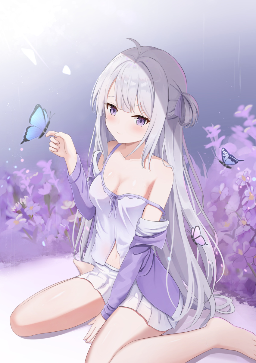 1girl barefoot blunt_bangs breasts bug butterfly camisole commentary highres jacket long_hair navel off_shoulder open_clothes open_jacket original purple_eyes purple_hair sitting skirt small_breasts solo strap_slip touhourh wariza