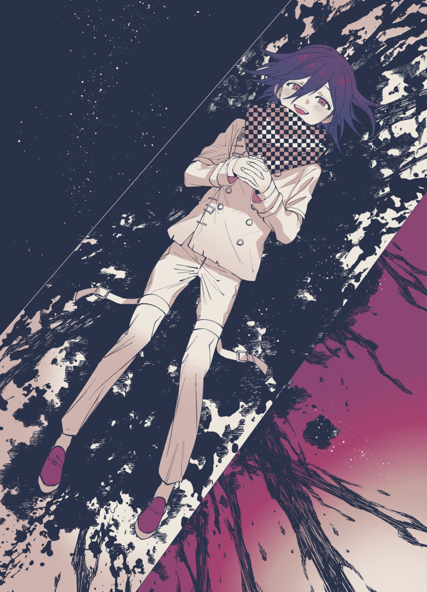 1boy black_blood blood blood_splatter blood_stain blush buttons checkered_clothes checkered_scarf danganronpa_(series) danganronpa_v3:_killing_harmony flipped_hair full_body hair_between_eyes highres long_sleeves looking_at_viewer lying male_focus oma_kokichi on_back open_mouth own_hands_together pants purple_hair san_nohe_(mito) scarf shirt short_hair smile solo spoilers straitjacket white_pants white_shirt