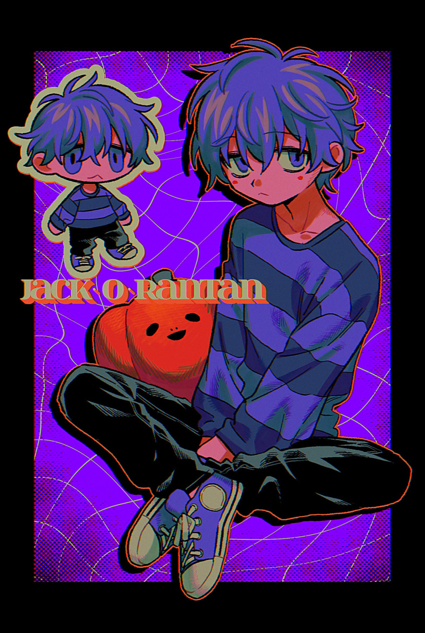 1boy black_border black_pants border character_name chibi closed_mouth collarbone converse crossed_legs full_body hair_behind_ear highres jack-o'_ran-tan knees_apart_feet_together long_sleeves looking_at_viewer menma_(enaic31) messy_hair orange_outline pants purple_background purple_eyes purple_footwear purple_hair purple_shirt retro_artstyle shirt short_hair sitting solo striped_clothes striped_shirt v_arms