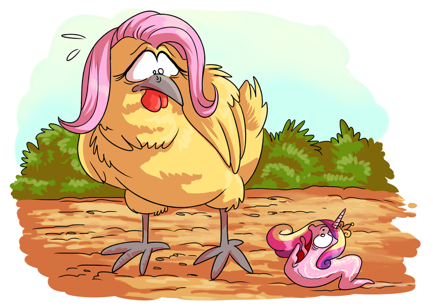 adlynh avian bird chicken day duo eyelashes feathered_wings feathers female feral fluttershy_(mlp) friendship_is_magic gastropod hair horn my_little_pony outside pink_hair princess_cadance_(mlp) slug wings yellow_feathers