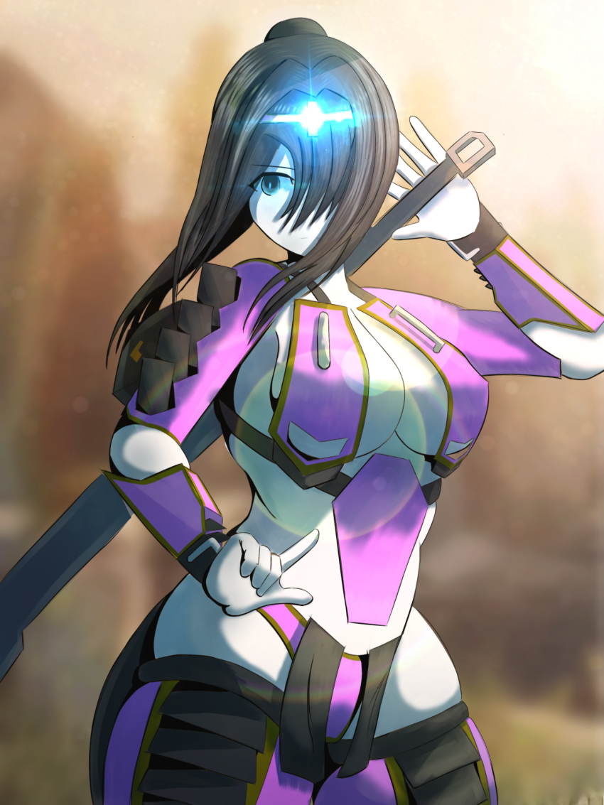 1girl animification black_hair blue_eyes boots breasts cleavage floating_hair gauntlets glowing hair_bun hair_intakes highres holding holding_sword holding_weapon large_breasts lens_flare panties personification purple_footwear purple_panties revealing_clothes ronin_(titanfall_2) single_hair_bun solo sword thigh_boots titanfall_(series) titanfall_2 underwear weapon whopper28