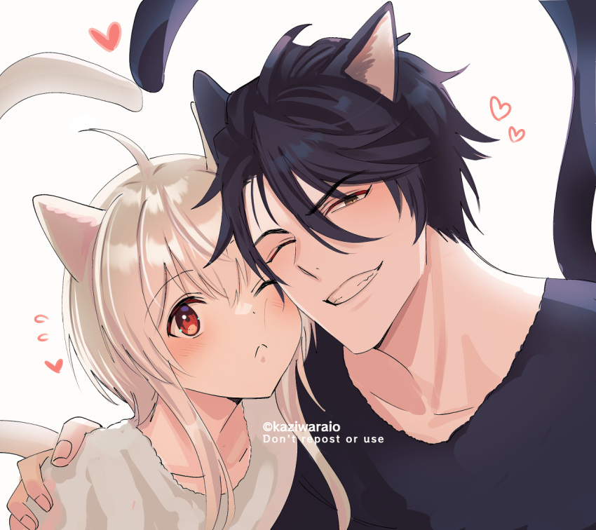 2boys ahoge animal_ears black_hair blush brown_eyes cat_boy cat_day cat_ears cat_tail cheek-to-cheek collarbone commentary_request evelogia frown grin hair_between_eyes heads_together heart heart_tail_duo kajiwara_io looking_at_viewer male_focus maou_evelogia_ni_mi_wo_sasage_yo multiple_boys one_eye_closed otoko_no_ko portrait red_eyes short_hair short_hair_with_long_locks smile tail toshiaki_gozu twitter_username white_background yaoi