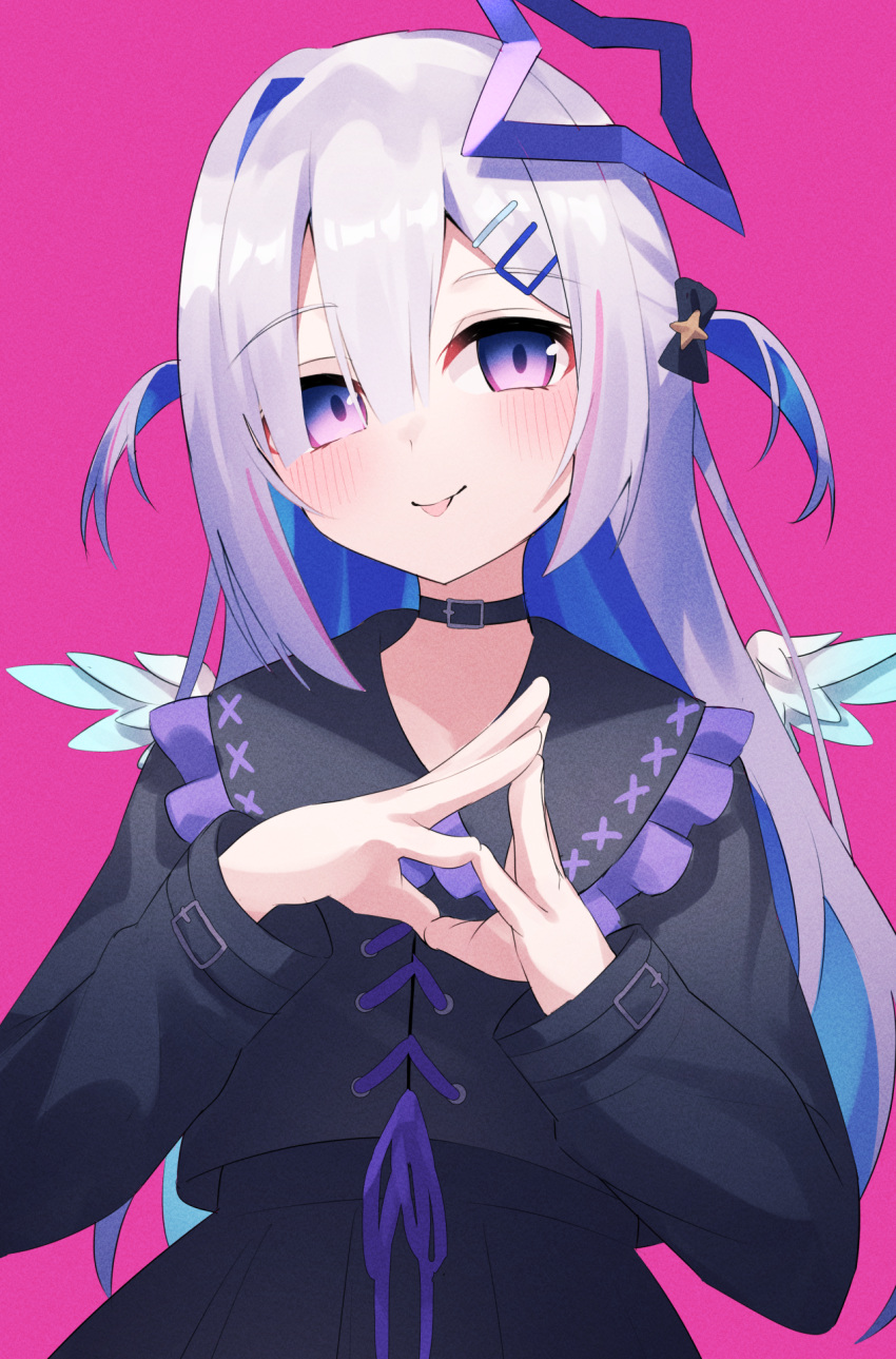 1girl alternate_costume amane_kanata angel angel_wings black_collar black_dress blush collar colored_inner_hair dress fragir hair_ornament hairpin halo highres hololive long_hair looking_at_viewer multicolored_hair own_hands_together pink_background purple_eyes smile solo star_halo tongue tongue_out two_side_up virtual_youtuber wings