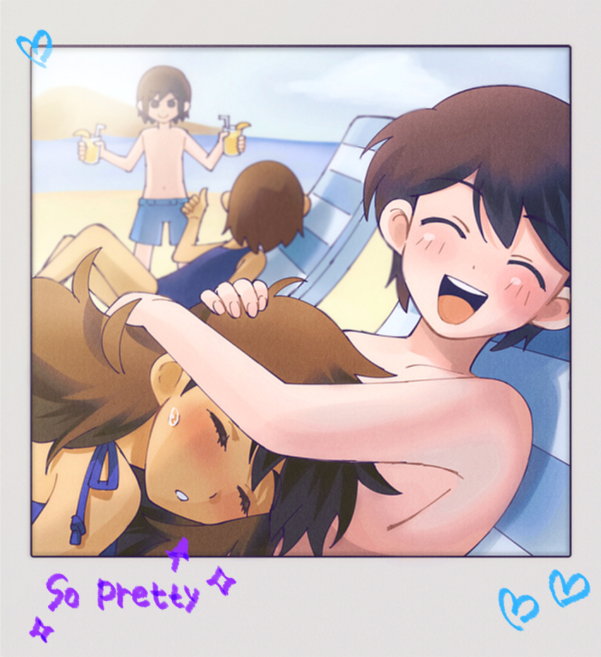 2boys 2girls arrow_(symbol) aubrey_(faraway)_(omori) aubrey_(omori) beach black_hair blue_one-piece_swimsuit blue_swim_trunks blush brown_hair child closed_eyes closed_mouth cloud collarbone cup dark-skinned_female dark_skin drinking_straw english_text facing_viewer food fruit genderswap genderswap_(ftm) genderswap_(mtf) hair_behind_ear hair_between_eyes hand_on_another's_head heart hero_(faraway)_(omori) hero_(omori) highres holding holding_cup kel_(faraway)_(omori) kel_(omori) lemon lemon_juice lemon_slice long_hair looking_at_another lying mari_(faraway)_(omori) mari_(omori) maromichan messy_hair multiple_boys multiple_girls navel omori on_back one-piece_swimsuit open_mouth outdoors parted_lips sand short_hair siblings sisters smile sparkle standing sweatdrop swimsuit teeth thumbs_up topless_male upper_teeth_only