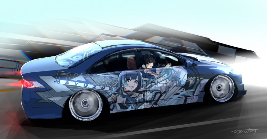 1girl ^_^ black_hair blue_car closed_eyes driving from_side glowing highres hikageno honda honda_accord idolmaster idolmaster_cinderella_girls itasha light_trail mayuzumi_fuyuko motion_blur smile solo stance_(vehicle) vehicle_focus