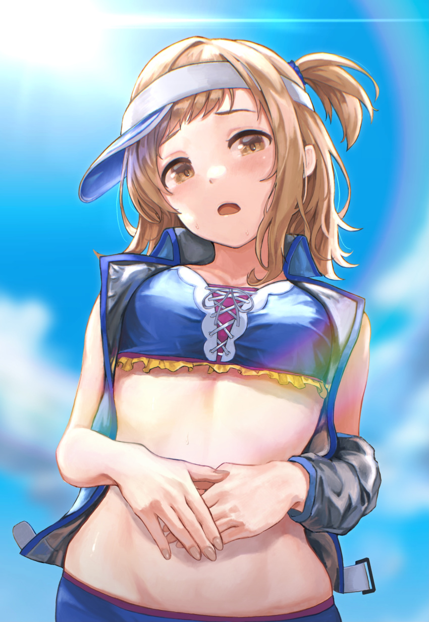 1girl absurdres alternate_hairstyle bare_shoulders bikini black_sleeves blue_bikini blue_sky blue_trim blurry blurry_background blush breasts brown_eyes collarbone detached_sleeves dot_nose hair_tie hands_on_own_stomach highres idolmaster idolmaster_shiny_colors idolmaster_shiny_colors_song_for_prism inumantle jacket large_breasts light_brown_hair looking_at_viewer medium_hair one_side_up open_clothes open_jacket open_mouth sakuragi_mano single_detached_sleeve sky sleeveless sleeveless_jacket solo sun sweat swimsuit upper_body visor_cap