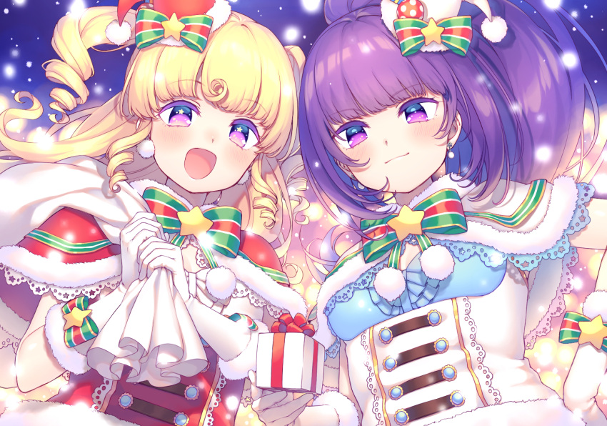 2girls :d bad_id bad_pixiv_id blonde_hair blue_background blunt_bangs blush bow box breasts capelet christmas fur-trimmed_capelet fur_trim gift gift_box gloves hair_bow hanazono_shuka hand_on_own_hip hands_up hat holding holding_gift holding_sack idol_time_pripara long_hair looking_at_viewer mini_hat multiple_girls n_(m_ohkamotoh) open_mouth pom_pom_(clothes) ponytail pretty_series pripara purple_eyes purple_hair red_capelet red_hat ringlets sack santa_costume santa_hat small_breasts smile snow snowing star_(symbol) two_side_up upper_body white_capelet white_gloves yumekawa_yui