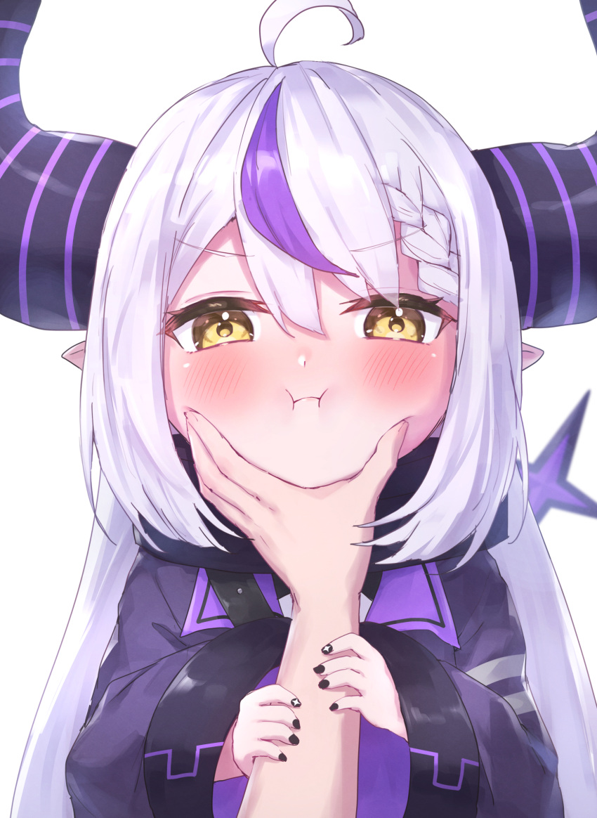 1girl 1other :i ahoge black_coat black_horns black_nails blush braid braided_bangs cheek_squash closed_mouth coat commentary_request demon_girl demon_horns demon_tail eyelashes fingernails hair_between_eyes hand_on_another's_face highres hololive hololive_english horns huge_horns la+_darknesss la+_darknesss_(1st_costume) long_hair long_sleeves looking_at_viewer masaki_(msk064) multicolored_hair nail_polish pointy_ears pov pov_hands purple_hair sidelocks simple_background single_braid solo_focus streaked_hair striped_horns tail upper_body v-shaped_eyebrows virtual_youtuber white_background white_hair wide_sleeves yellow_eyes