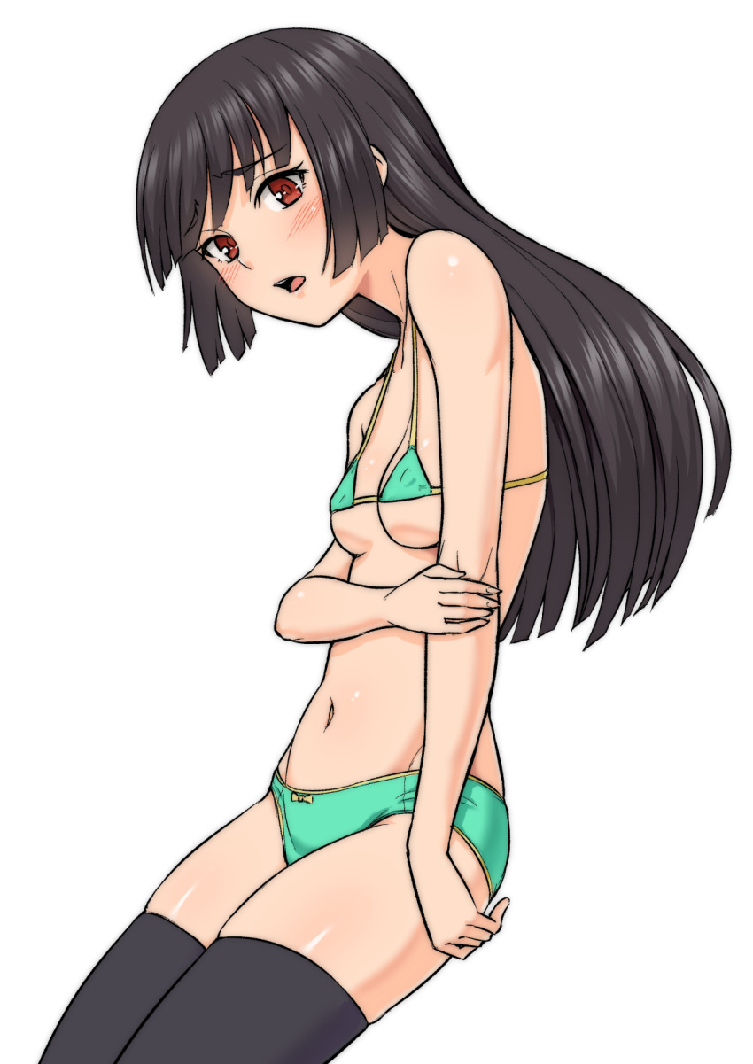 1girl bikini black_hair black_thighhighs breasts cleavage commentary_request green_bikini groin highres holding_own_arm kakone long_hair looking_at_viewer navel open_mouth original simple_background solo swimsuit teeth thighhighs upper_teeth_only white_background