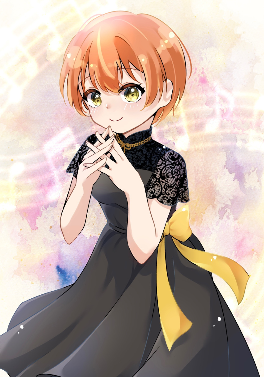 1girl black_dress bow closed_mouth commentary_request dress highres hoshizora_rin jewelry lace_sleeves looking_at_viewer love_live! love_live!_school_idol_project necklace orange_hair own_hands_together prr_1101 short_hair short_sleeves sidelocks smile solo upper_body yellow_bow yellow_eyes