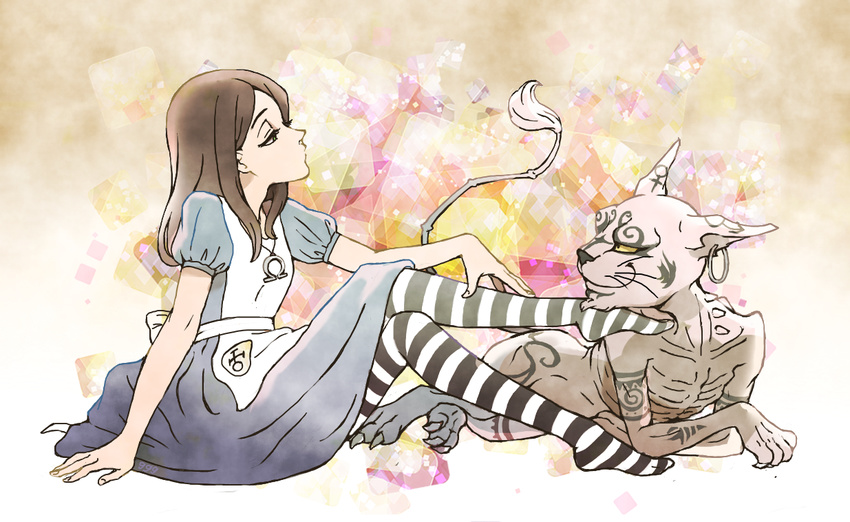 alice:_madness_returns alice_(wonderland) alice_in_wonderland alice_liddell american_mcgee's_alice apron brown_hair cat cheshire_cat dress long_hair necklace striped_legwear thighhighs