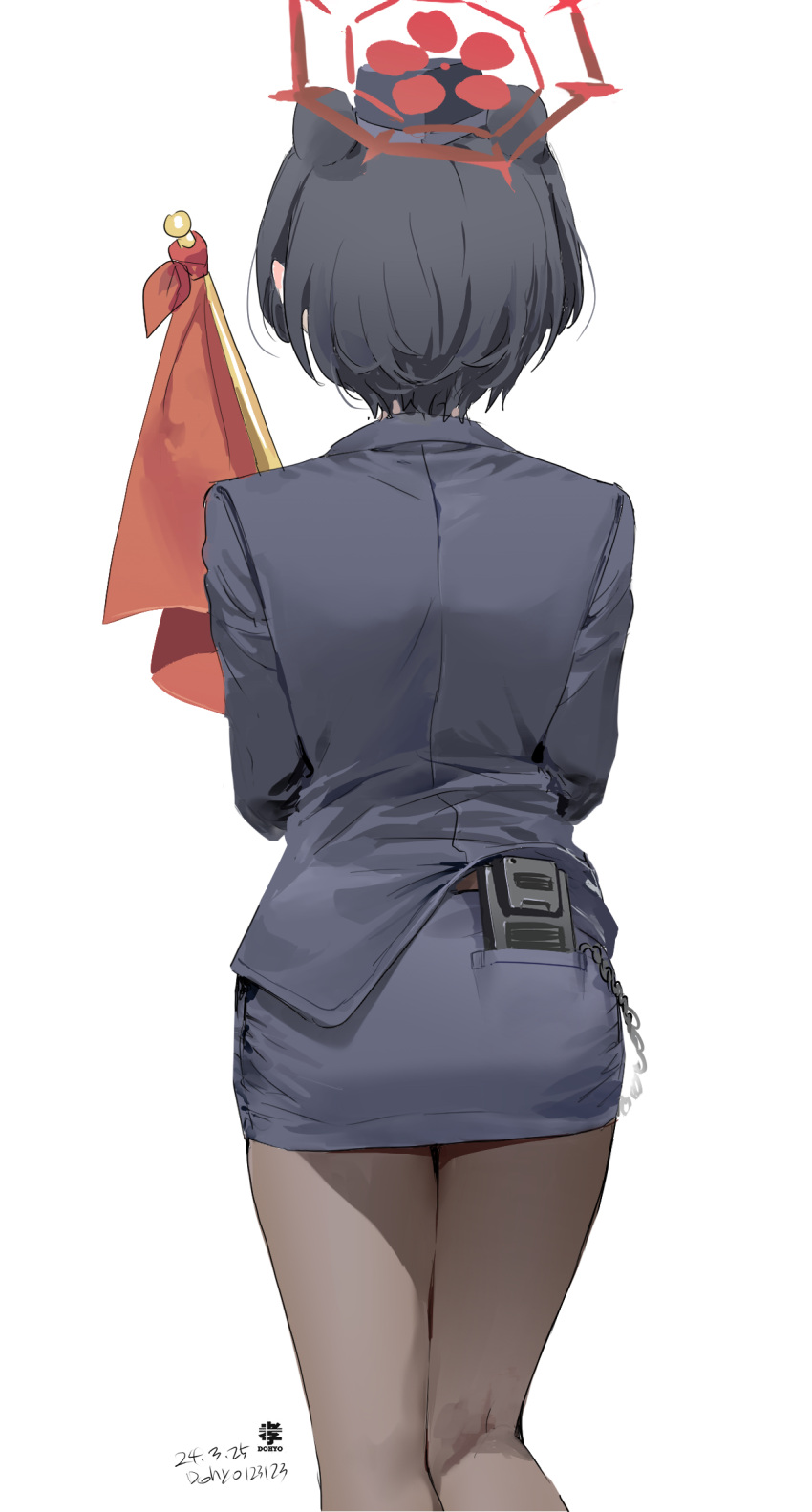 1girl ass black_hair black_hat blue_archive dohyo123123 extra_ears facing_away flag halo highres holding holding_flag jacket miniskirt official_alternate_costume pantyhose pencil_skirt red_halo short_hair simple_background skirt solo tour_guide tsubaki_(blue_archive) tsubaki_(guide)_(blue_archive) walkie-talkie white_background