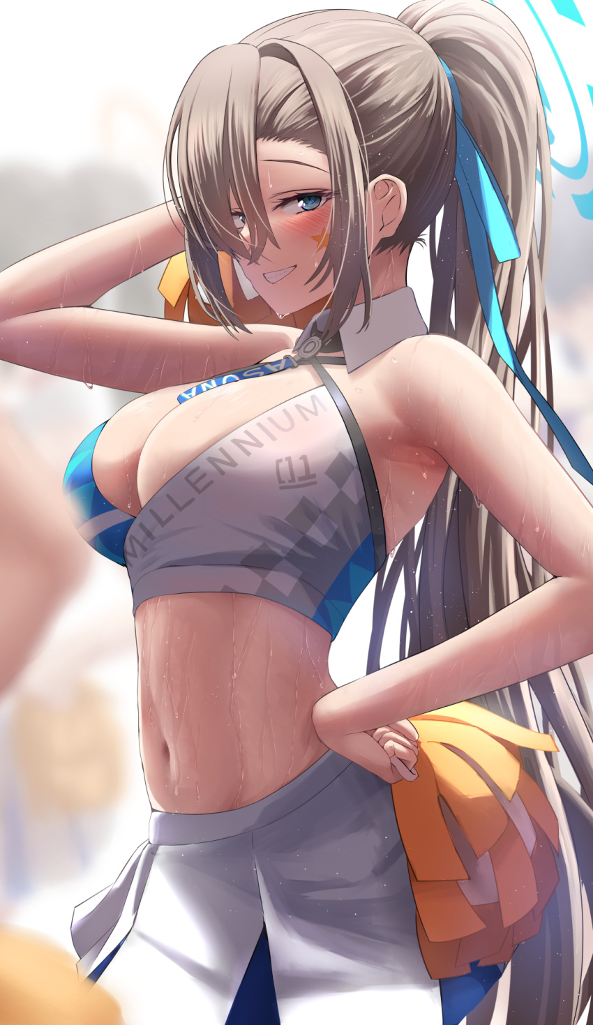 1girl asuna_(blue_archive) blue_archive blue_eyes blue_halo blush breasts cheerleader cleavage clothes_writing cosplay cowboy_shot detached_collar facial_mark grin hair_over_one_eye hair_ribbon halo halterneck hibiki_(blue_archive) hibiki_(blue_archive)_(cosplay) hibiki_(cheer_squad)_(blue_archive) highres holding holding_pom_poms large_breasts light_brown_hair long_hair looking_at_viewer millennium_cheerleader_outfit_(blue_archive) navel pom_pom_(cheerleading) ponytail red_ribbon ribbon silver_bullet_(ecc12_8) skirt smile solo star_(symbol) sweat white_skirt