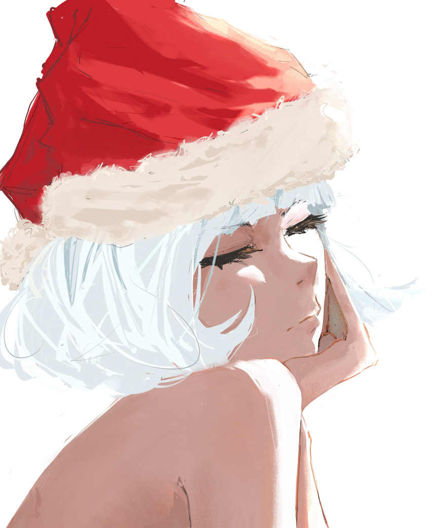1girl :t absurdres closed_eyes closed_mouth fashion hat highres kyzutoslcats original portrait santa_hat short_hair solo white_hair