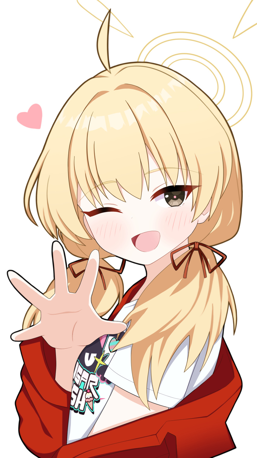 1girl ;d absurdres ahoge blonde_hair blue_archive blush brown_eyes commentary_request hair_between_eyes hair_over_shoulder hair_ribbon halo heart highres jacket long_hair long_sleeves looking_at_viewer low_twintails off_shoulder one_eye_closed open_clothes open_jacket red_jacket red_ribbon ribbon shirt short_sleeves simple_background smile solo sprout_(haji_s) twintails upper_body white_background white_shirt yoshimi_(band)_(blue_archive) yoshimi_(blue_archive)