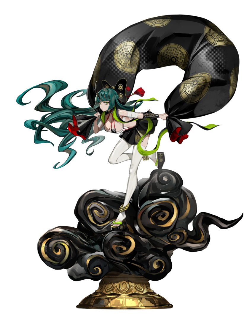 1girl :o anklet bandaged_arm bandages bent_over black_skirt blunt_bangs breasts chest_sarashi cleavage commentary_request eyebrows_hidden_by_hair full_body fuujin_(mythology) green_eyes green_hair green_shawl hagoromo hair_ornament highres horns jewelry lam_(ramdayo) long_hair looking_at_viewer looking_to_the_side miniskirt narrowed_eyes okobo open_mouth original platform_footwear platform_heels pleated_skirt sandals sarashi shawl simple_background skirt solo thighhighs toenails toes walking white_background white_thighhighs
