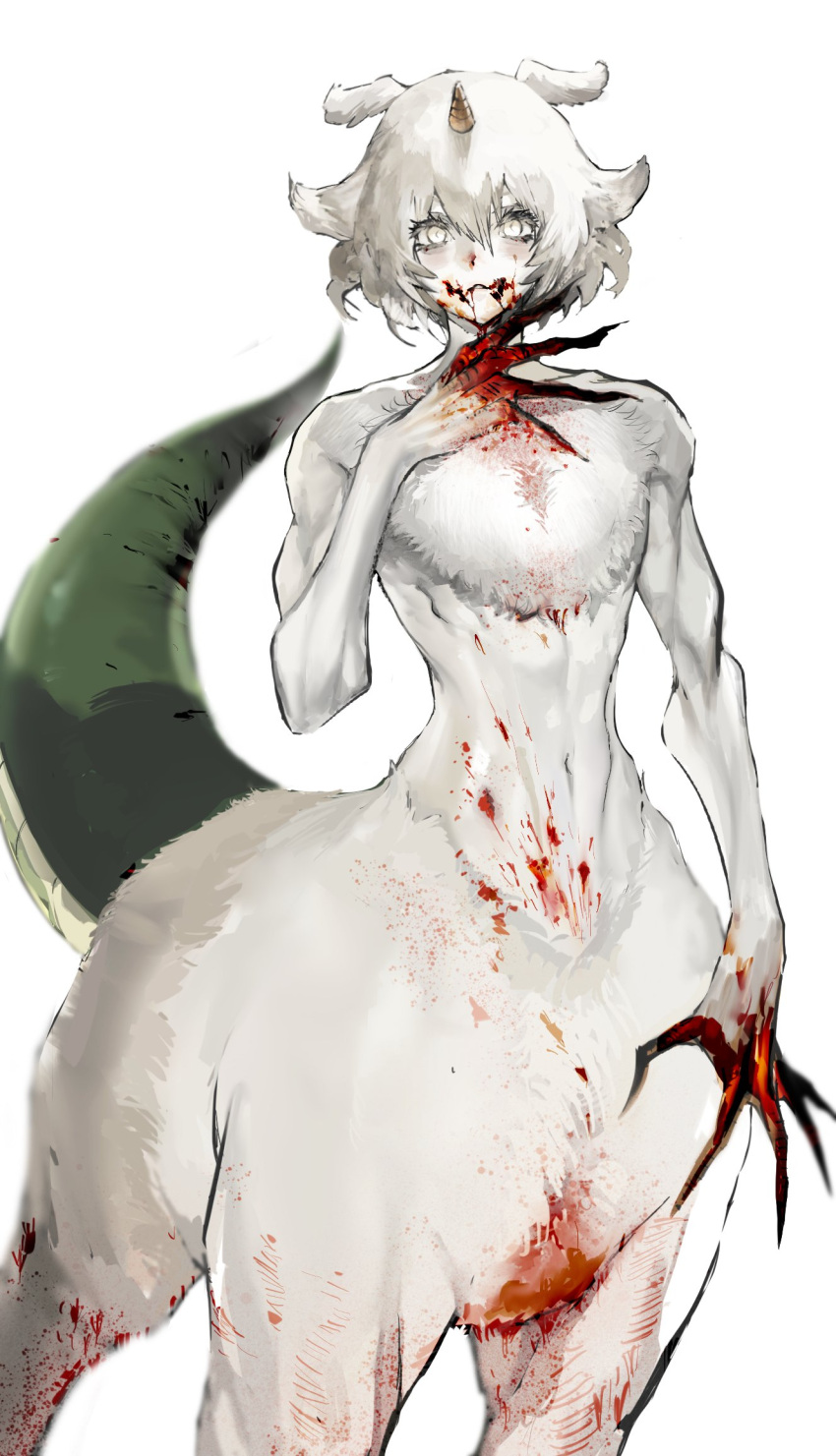 1boy animal_ears blood blood_on_face blood_on_hands body_fur claws colored_skin cowboy_shot dragon_tail fingernails hair_flaps hand_on_own_chest hand_up highres horns lantern_madoyoi long_fingers looking_at_viewer male_focus monster_boy navel original sharp_fingernails short_hair simple_background single_horn solo standing tail taur unicorn_horn white_background white_eyes white_fur white_hair white_skin