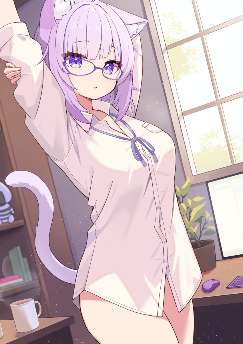 1girl :d animal_ear_fluff animal_ears book breasts cat_ears cat_girl cat_tail coffee_mug cup highres hololive indoors keyboard_(computer) large_breasts looking_at_viewer monitor mouse_(computer) mug nekomata_okayu onigirya_(nekomata_okayu) open_mouth parijennu222 plant potted_plant purple-framed_eyewear purple_eyes purple_hair purple_ribbon ribbon shelf shirt short_hair smile solo stretching tail thighs virtual_youtuber white_shirt