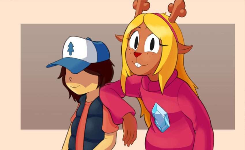 accessory anthro arm_support blonde_hair buckteeth clothing cosplay deer deltarune dipper_pines disney duo female freckles gravity_falls hair hat headband headgear headwear hi_res hidden_eyes hitsuji human kris_(deltarune) leaning_on_another leaning_on_elbow looking_at_viewer mabel_pines male male/female mammal noelle_holiday red_nose shirt simple_background snowgrave sweater teeth topwear undershirt undertale_(series) vest