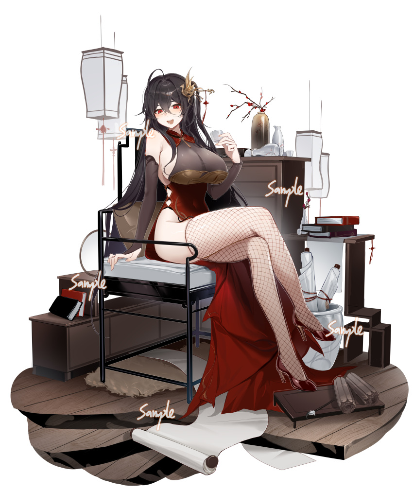 1girl absurdres ahoge azur_lane bare_shoulders black_hair breasts bridal_gauntlets china_dress chinese_clothes cleavage commission covered_navel crossed_legs dress fishnet_thighhighs fishnets garter_straps hair_between_eyes hair_ornament hairpin high_heels highres large_breasts legs long_hair looking_at_viewer mole mole_under_eye no_panties official_alternate_costume one_side_up open_mouth pelvic_curtain red_dress red_eyes red_footwear see-through see-through_cleavage shibuya_(kurokamishain) sideboob sitting sleeveless sleeveless_dress smile solo taihou_(azur_lane) taihou_(phoenix's_spring_song)_(azur_lane) thighhighs thighs very_long_hair