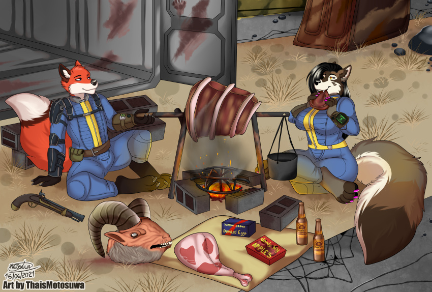 2021 absurd_res alcohol alst ammo_box anthro beer bethesda_softworks beverage canid canine canis clothing duo fallout fallout_76 fallout_nv female firepit fireplace food food_in_mouth fox gun hi_res jumpsuit male male/female mammal mexican_wolf microsoft pip-boy ranged_weapon thaismotosuwa vault_boy vault_suit weapon wolf