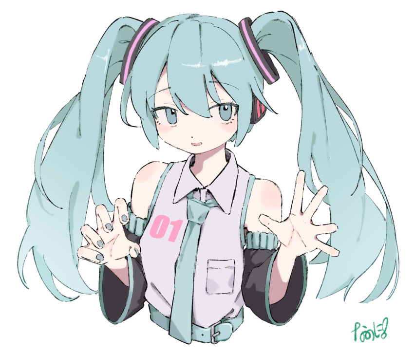 1girl aqua_belt aqua_eyes aqua_hair aqua_nails aqua_necktie belt black_sleeves claw_pose cropped_torso detached_sleeves dot_nose hair_between_eyes hatsune_miku headset highres long_hair nanoni! necktie palms shirt signature solo twintails vocaloid white_background white_shirt