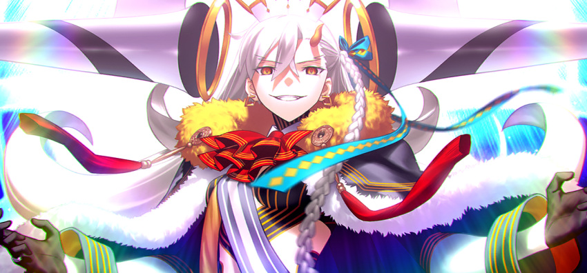 1girl ascot black_gloves braid breasts cape earrings fate/grand_order fate_(series) fur_trim game_cg gloves hair_between_eyes horns jewelry long_hair looking_at_viewer official_art olga_marie_animusphere open_mouth orange_eyes side_braid smile smirk solo takeuchi_takashi u-olga_marie very_long_hair white_hair yellow_eyes yellow_horns