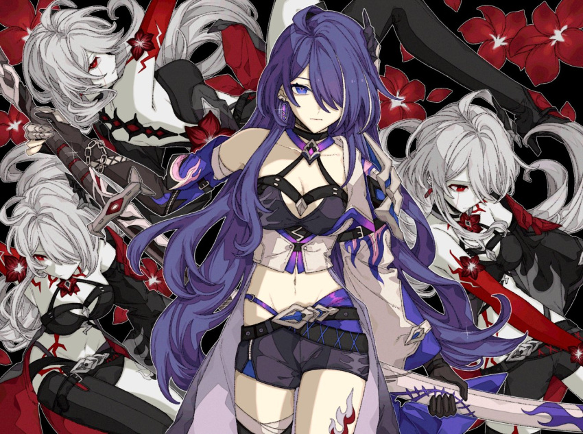 1girl acheron_(honkai:_star_rail) asymmetrical_footwear black_choker black_gloves black_shorts blood blood_from_eyes boots breasts chain choker cleavage coat coattails detached_sleeves flower gloves hair_over_one_eye honkai:_star_rail honkai_(series) leg_tattoo lira_(zag3w) long_hair midriff multicolored_hair navel official_alternate_color official_alternate_hair_color pale_skin purple_eyes purple_hair red_eyes red_flower scabbard sheath sheathed short_shorts shorts single_bare_shoulder stomach streaked_hair sword tattoo thigh_boots weapon white_coat white_hair